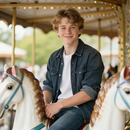 young todd howard smiles and sits on the carousel, realism, detailed study, maximum detail, quality, high quality, soft light, depth of field, focus, realism, 8 k quality, classicism style,