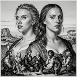 black and white engraving of scarlet johansson and natalie portman, by jan van eyck, tom bagshaw, jean delville, william bouguereau, albrecht durer
