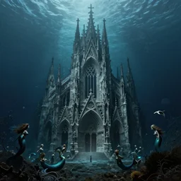 an underwater gothic cathedral at the bottom of the ocean surrounded by mermaids, by gustave dore, francisco goya, william blake, dark and scary abyssal ambient, utradetailed, matte painting, smooth zenithal lighting, epic masterpiece,