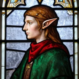 detailed side - view portrait of iorveth, elf ears, sharp nose, green coat, red bandana, tenth century stained glass window, very masterful