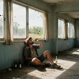 homeless man drinking beers in an old abandoned motel, heat wave, sunlight through broken windows, curtains on the dusty floor, bottles, hyperdetailed, artstation, cgsociety, 8 k