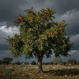 ayahuma tree with few small orange fruits looking like an ent, art by christophe vacher
