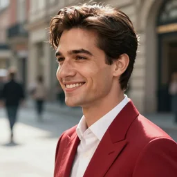 face portrait, a man in red suits on the street, smile