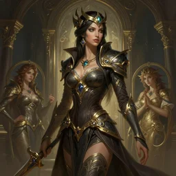 of Katarina from League of Legends, dark fantasy, medium shot, intricate, ornate, elegant, highly detailed, digital painting, volumetric light,, artstation, concept art, smooth, sharp focus, illustration, art by Gil elvgren and charlie bowater and greg rutkowski and alphonse mucha