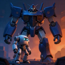 small robot vs giant robot, two robots, dark fantasy, extremely detailed, sharp focus, smooth, matte painting, concept art, vaporwave style, blue orange chiaroscuro, trending on artstation