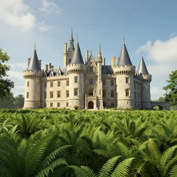 a 3 d render of a beautiful castle in a field of ferns in the style of moebius, cel shading, moebius, world of edena, 4 k, 8 k, cinematic view