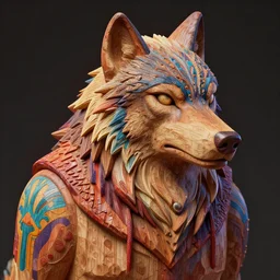 wooden sculpture of wolfman, intricate and vibrant color details, zbrush, hyper realistic, golden ratio, macro lens, unreal engine,, vibrant color