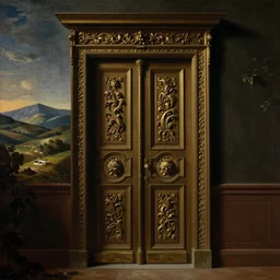 an oil painting of a door with intricate carvings, hills in the background, inspired by nicolas poussin, inspired by guercino, in the style of french baroque, insanely detailed, mysterious mood, horror elements, fantasy