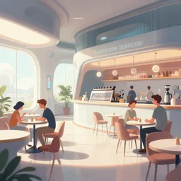 illustration of the interior of a futuristic cafe, roger broders, hein schulz neudamm, ( ( giuseppe riccobaldi ) ), volumetric, dynamic pose, detailed, matte print, dramatic lighting, risograph, halftone texture