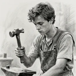 film still of youthful charlie day, working as blacksmith, pencil sketch, greyscale, detailed face, holding hammer, contrast