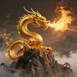 a golden dragon breathing fire on the top of a mountain, epic composition, detailed and intricate image, cinematic, 4 k