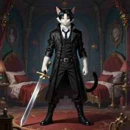a cat weared as nero from devil may cry, standing with sword in hand, in fantasy dungeon, vaporwave, bedroom, highly detailed, digital painting, artstation, concept art, smooth, sharp focus, illustration, art by artgerm and greg rutkowski and alphonse mucha