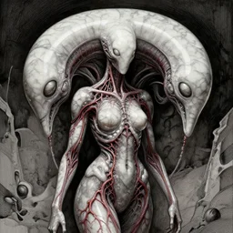 naraka buddhist demon korean female, volumetric lights, post apocaliptic, female alien, tubular creature, blood vessels, no face, dystopian surrealism, alex ries zdzisław beksinski, symmetrical long head, smooth marble surfaces, smooth marble surfaces, detailed ink illustration, detailed ink illustration, raiden metal gear, cinematic smooth stone, deep aesthetic