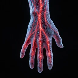 hand of ice with glowing veins, black background, red