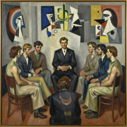 a beautiful masterpiece painting of people who sit around and suppose while the secret sits in the middle and knows, oil painting by cuno amiet and francis picabia and man ray, andrey remnev, frank stella, james jean, kazimir malevich, pavel filonov, collage by robert rauschenberg, trending on artstation