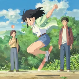 anime girl cartwheeling in style of makoto shinkai and hidari and wlop