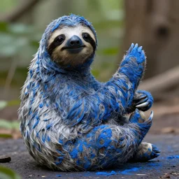 A sloth who herself covered in blue ink