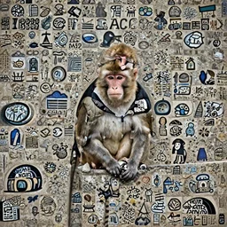 an old photo of a monkey wearing a north face puffer jacket