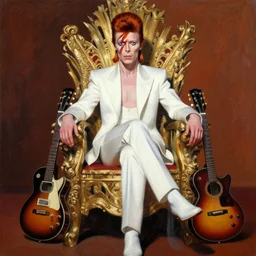 a painting of David Bowie, wearing a white suit, sitting on a throne of guitars, in the style of Alex Ross
