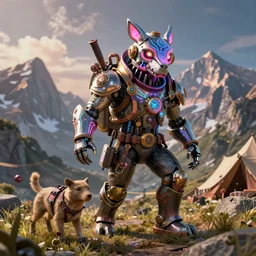 mystical monster in mountains hunting on gamekeeper. he wearing a steampunk and neonpunk mechanical fluorescent mystical animal masks. realistic fornite style. full body. product introduction photos. luminescent, elements, hyperrealistic, volumetric lighting. epic cinematic shot, perfectly defined features, ambient occlusion