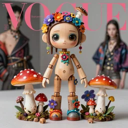 a beautiful jointed wooden art doll, super dollfie, biopunk, mushrooms, fungi, fly agaric, psychedelic flowers, by tim walker, by chie yoshii, by martine johanna, by simon stalenhag, by casey weldon, fashion magazine, vogue, harper's bazaar art, intricate, 8 k render in octane, sharp focus
