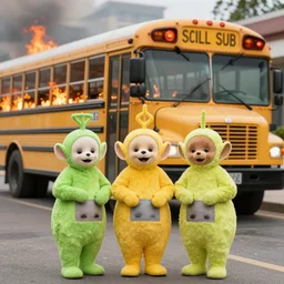 teletubbies standing in front of a burning school bus laughing