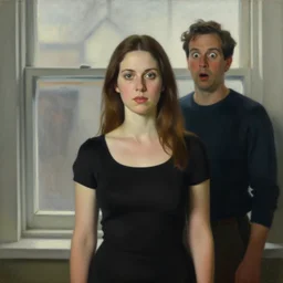 a portrait of a woman standing infront of a window, a man is standing behind her with a look of suprise in his face, 8 k, lowbrow, in the style of daniel merriam and georgia o'keeffe,