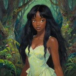 black - skinned princess of the lichen woods. this gouache painting by the award - winning mangaka has an interesting color scheme, plenty of details and impeccable lighting.