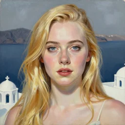 professional painting of Elle Fanning in Santorini in the style of George Luks, head and shoulders portrait, symmetrical facial features, smooth, sharp focus, illustration, intricate, stormy weather, extremely detailed masterpiece,
