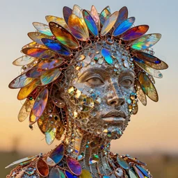 collage made of hundreds of colorful transparent reflective insect wings made of crytals, bismuth and other interesting rainbow coloured gems drapped in copper or silver wire. wirewrapping art, portrait, golden hour, color grading, super - resolution microscopy, spectral color, chroma, complimentary - colors, polychromatic - colors, 4 d, 5 d, by wangechi mutu wlop artgerm. machinedelusions render.