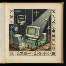 A page in Voynich manuscript with painting of computer assembling process, computers details, pictograms
