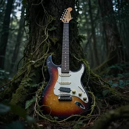 ancient electric guitar ensnared in vines in a dark forest, dramatic lighting, surreal, 8 k,