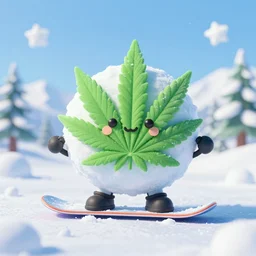 a portrait of a mochi cannabis leaf snowball cute friendly character snowboarding in a gelatinous australian ❄ environment 3 d rendered in octane, by eyvind earle