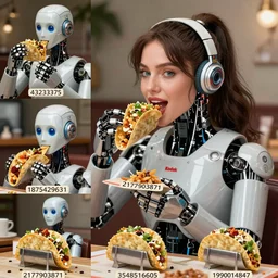 beautiful woman hyper real photograph, kodak, woman is a robot, eating robot tacos. The seeds for each individual image are: [43233375, 1551890303, 1875429631, 3198565631, 2177903871, 2659933695, 3148516607, 3598848255, 1990014847] Image