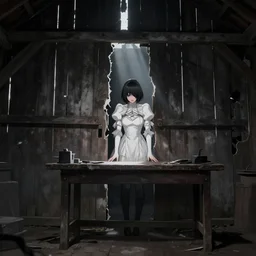 style : nier automata. composition : medium shot. style : digital art ; detailed ; dreamlike ; 4 k. scenery : the inside of a dark barn ; a faint ray of light is shining through a crack in the planks. subject : a young woman ; dark hair ; wearing a white dress. action : the woman is hiding behind a workbench.