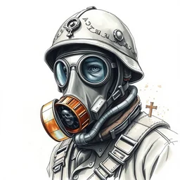 beautiful aesthetic inspirational masterful professional ink pen and watercolor sketch of an occult mystical 1 9 1 0 s ww 1 - era soldier in ww 1 verdun gas mask, ultra detailed, fine details, trending on artstation, high quality paper