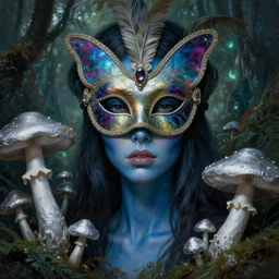 a close - up neoclassicist portrait of a bug - eyed alien girl with blue skin wearing an iridescent venetian carnival butterfly mask surrounded by silver mushrooms in a jungle. reflective textures. glowing fog in the background. highly detailed fantasy science fiction painting by norman rockwell, frank frazetta, and syd mead. rich colors, high contrast, gloomy atmosphere, dark background. trending on artstation