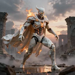 portrait of a diabolical marble cyborg, wearing burning torn white cape, dynamic pose, glowing eyes, post apocalyptic ancient ruins, glowing veins subsurface scattering, in clouds, sunset, portrait, by gerald brom, by mikhail vrubel, by peter elson, muted colors, extreme detail, reflections, trending on artstation, 8 k