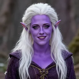 Purple skinned Kristen Stewart as a smiling Elf wizard with ((white)) hair. smooth purple skin!, + purple skin Photorealistic digital art trending on artstation, artgem, 4k HD.
