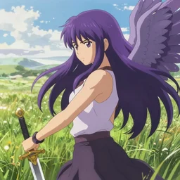 girl with purple long hair and wings holding a sword, serious, extremely detailed, made by wlop, studio ghibli, artgerm, full body portrait, illustration, grass, sunny, sky, anime, side view, perfect anime face, detailed face, zoomed out,