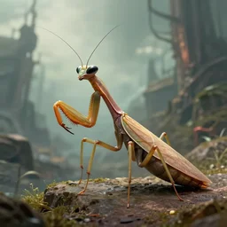 highly detailed portrait photo of a mantid insectoid in a scenic dystopian environment, hyperrealistic illustration by william didier - pouget