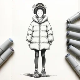 a copic markers black and white sketch of a japanese miko wearing a puffy anorak and tight leggings yeezy 5 0 0 sneakers