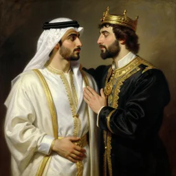 attractive fully clothed arab king confesses his love for his attractive fully clothed male prince. highly detailed painting by gaston bussiere, craig mullins, j. c. leyendecker