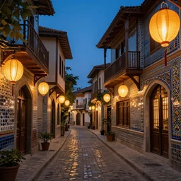 winding street at twilight in a very old city by George Price Boyce and Nicholas Roerich and jean delville, glowing paper lanterns, strong dramatic cinematic lighting , ornate tiled architecture, lost civilizations, smooth, sharp focus, extremely detailed