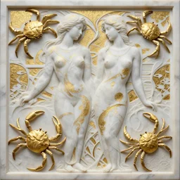 symmetry, white marble bas relief sculpture with gold kintsugi, abstract patterns, feminine shapes, crabs, spiders, scorpions, tarantulas, stunning, highly detailed, intricately detailed, art nuevo, octane, 8 k, hdr, art by hr geiger and ridley scott and alphonse mucha, trending on artstation