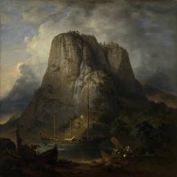 an 1 8 th century! landscape painting of ship rock!!! moody! impressive! majestic, by carlos de haes!!!