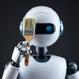 A robot holding a paintbrush up to its face, portrait, dark background