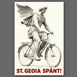 [A sculpture of St.Georges on a bike. Soviet!!!! Propaganda!!!! poster!!!!!!!!!!, promotional poster, advertising, composition, graphic design, elegant, highly detailed, digital painting, artstation, concept art, matte, sharp focus, illustration, octane render, unreal engine, photography]
