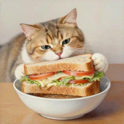 a painting of a cat biting a big sandwich from a bowl.