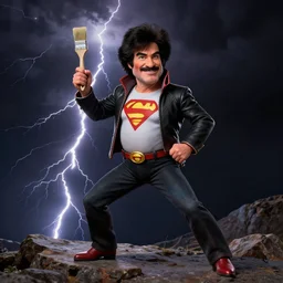 bob ross as a superhero, standing on rocky ground, lightning behind, dark background, holding a paintbrush, ultra - detailed, ultra - detailed, intricate, detailed shadows and textures, 8 k, action pose, beksinski